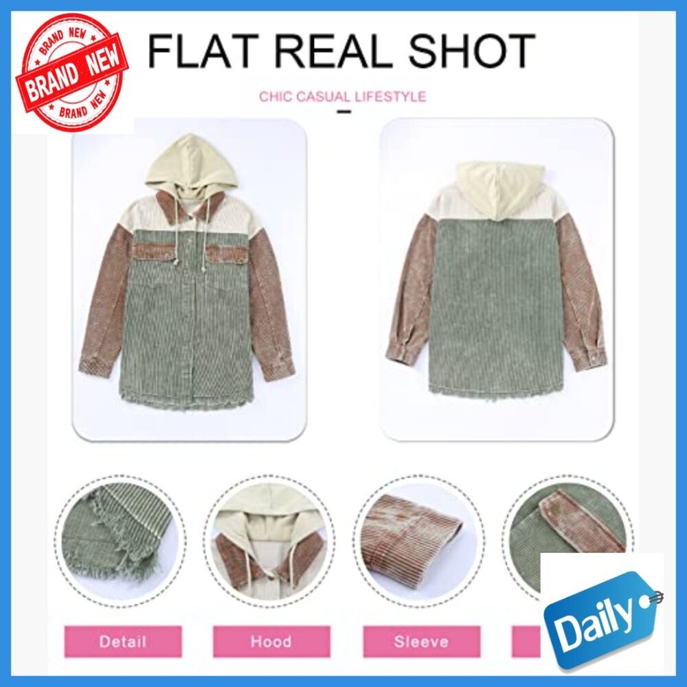 Corduroy Shacket Jacket Long Sleeve Button Down Hooded Coat with Pockets - Picture 5 of 7